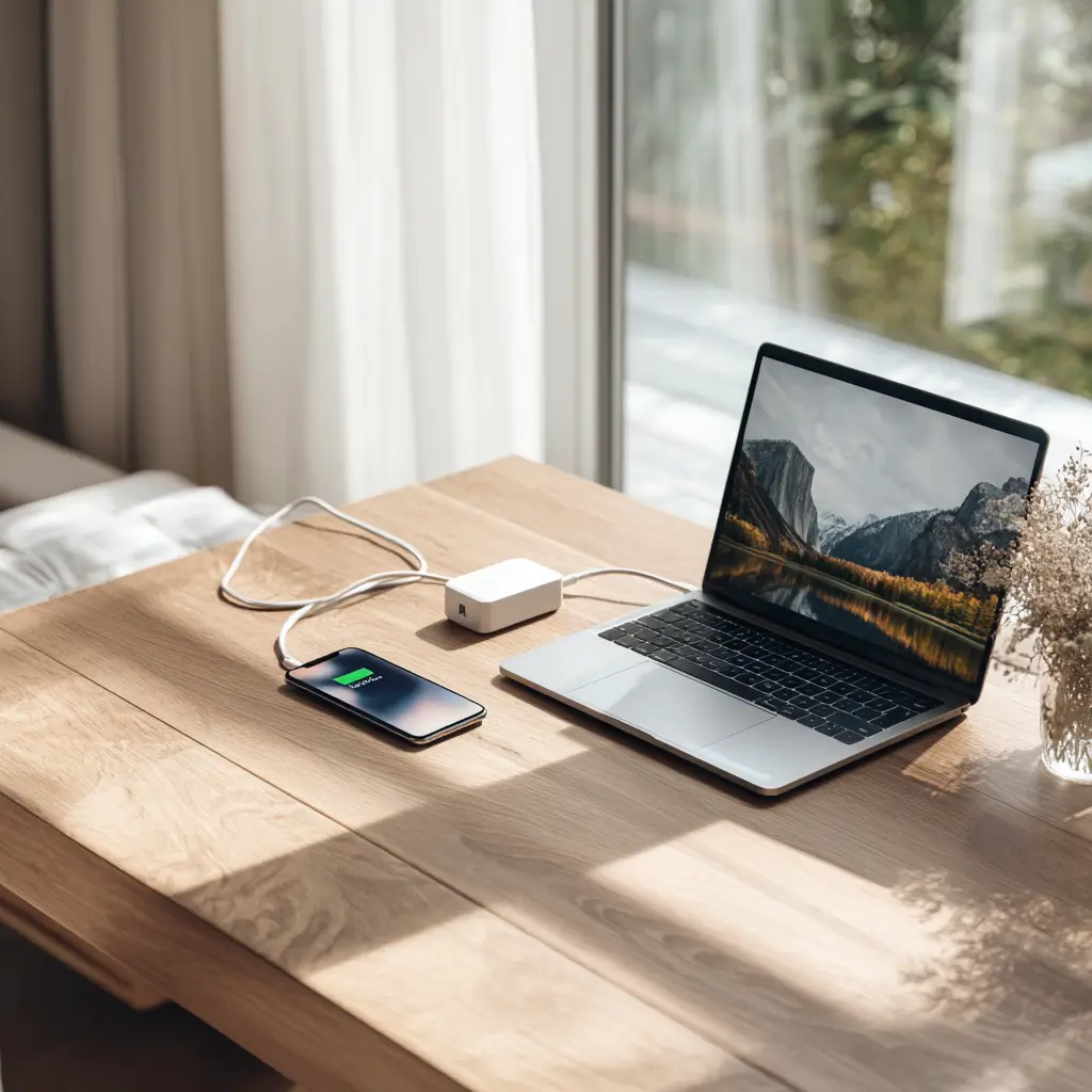 USB-C Power Adapter lädt Smartphone und Laptop gleichzeitig im Homeoffice für Schnellladen Beispiel.