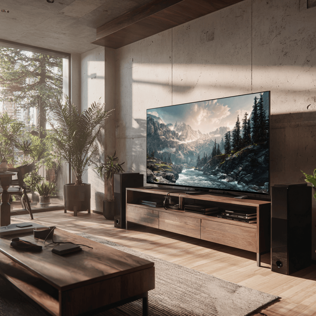 Gaming-Setup mit PS5 und 4K-TV, verbunden über ein HDMI-2.1-Kabel im modernen Wohnzimmer