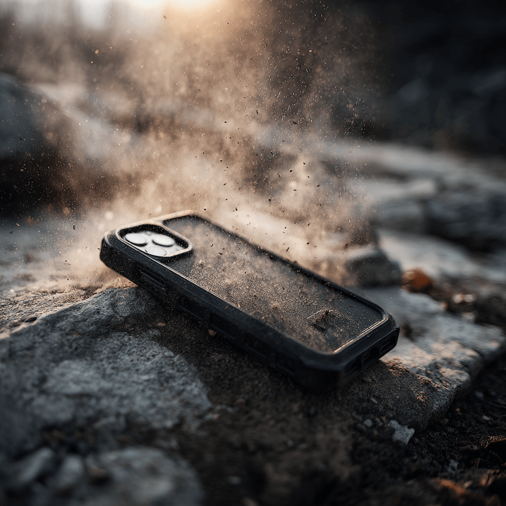 Rugged Handy Schutzhülle im Falltest auf Steinboden – Darstellung von Stoss- und Fallschutz für den Handy Schutzhülle Ratgeber.