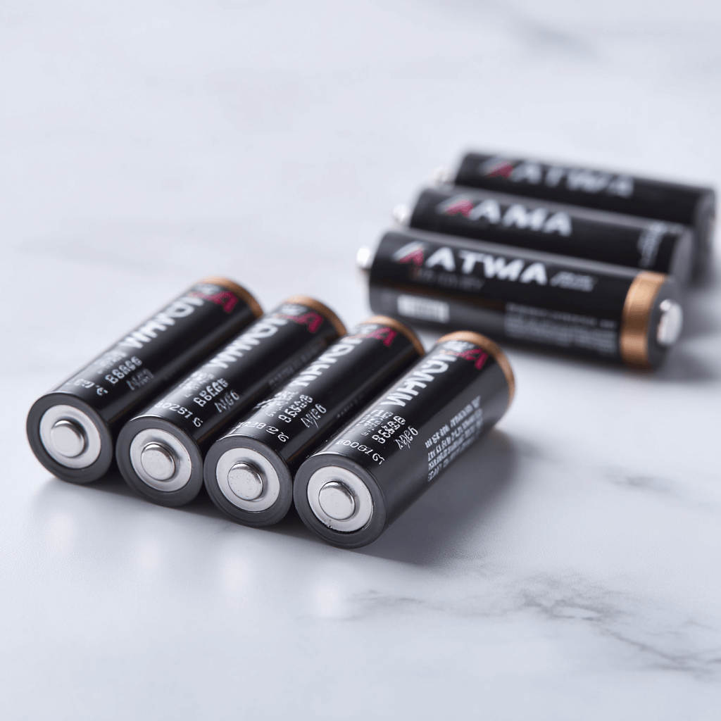 AAA Batterien sauber sortiert auf weissem neutralem Hintergrund für Produktvergleich