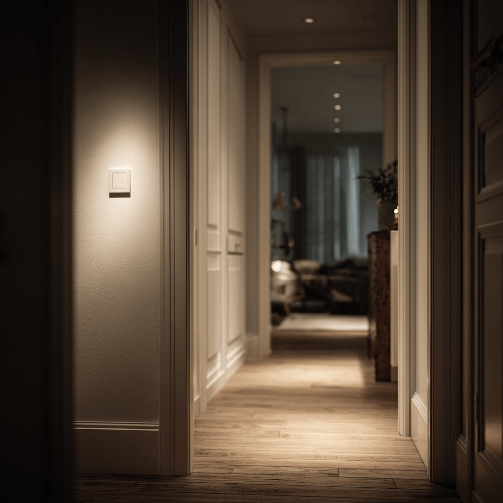 Nachtlicht Steckdose im Flur bei Nacht – warmweisses LED-Orientierungslicht für sichere Wege.