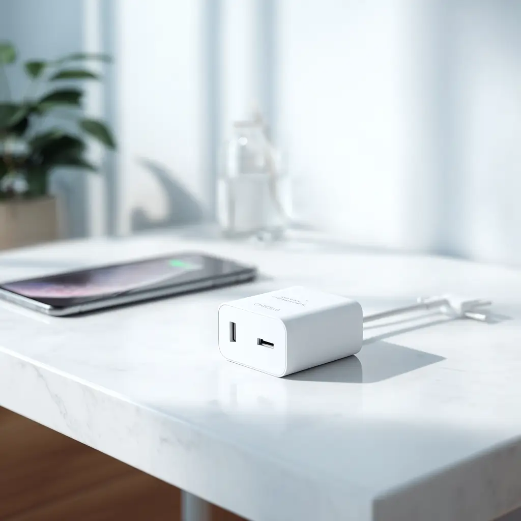 USB-C Power Adapter Ratgeber in Premium-Qualität auf hellem Schreibtisch als Produktfoto für Ladegerät Vergleich.