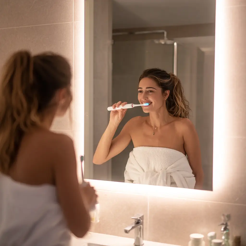 Alltagsszene mit elektrischer Zahnbürste – richtige Anwendung im Elektrische Zahnbürsten Ratgeber