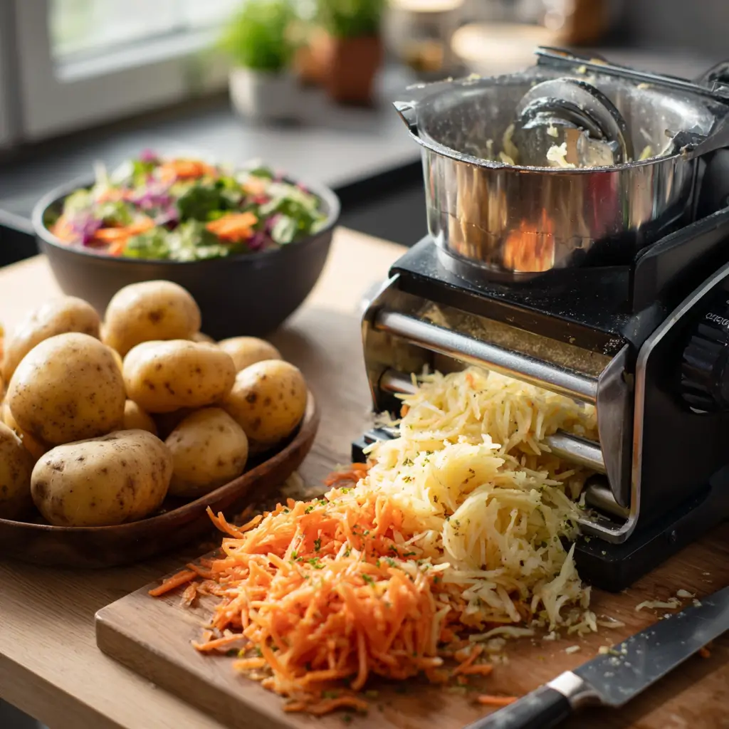 Küchenmaschinen Zubehör im Einsatz mit Durchlaufschnitzler zum Reiben von Kartoffeln und Gemüse für Rösti und Salate