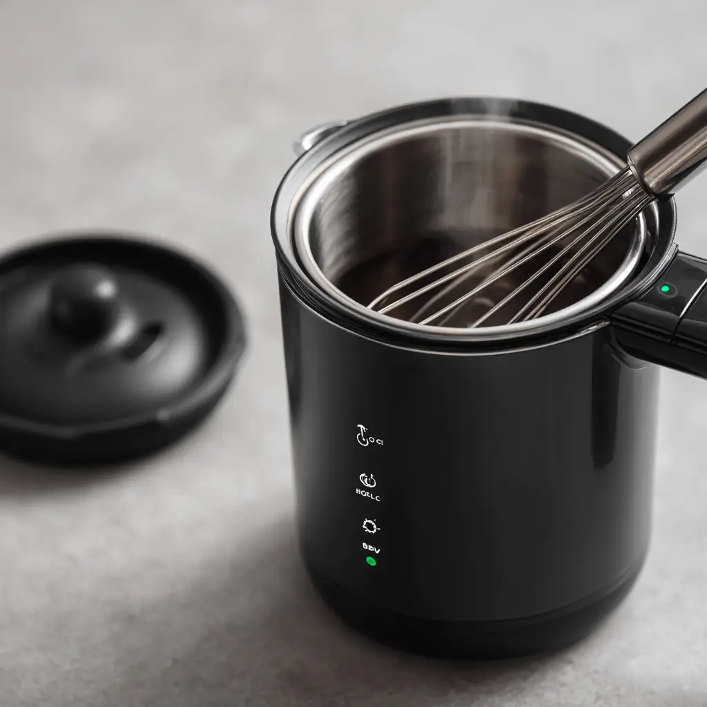 Detailaufnahme eines Induktions-Milchaufschäumers mit Innenbehälter und Temperaturanzeige für Kaffeezubehör Review