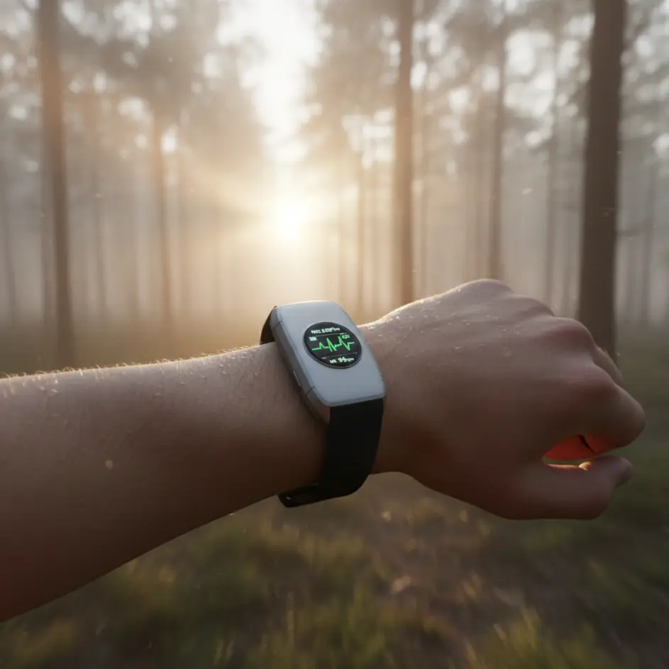 Ein Sportler beim Joggen im Wald mit einer Sportuhr am Handgelenk, die Herzfrequenz-Daten zeigt. Ideales Bildmaterial für ein Sportuhren Review und authentische Smartwatch mit Fitness Erfahrungen im Praxistest.