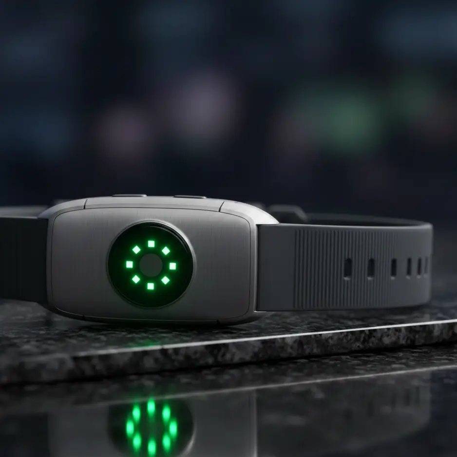 Futuristischer Fitness-Tracker mit leuchtendem Dashboard-Display über abstraktem Hintergrund. Zentrales Element für einen Fitness-Tracker Ratgeber, der auch moderne Samsung Fitnesstracker und Smartwatches vergleicht.