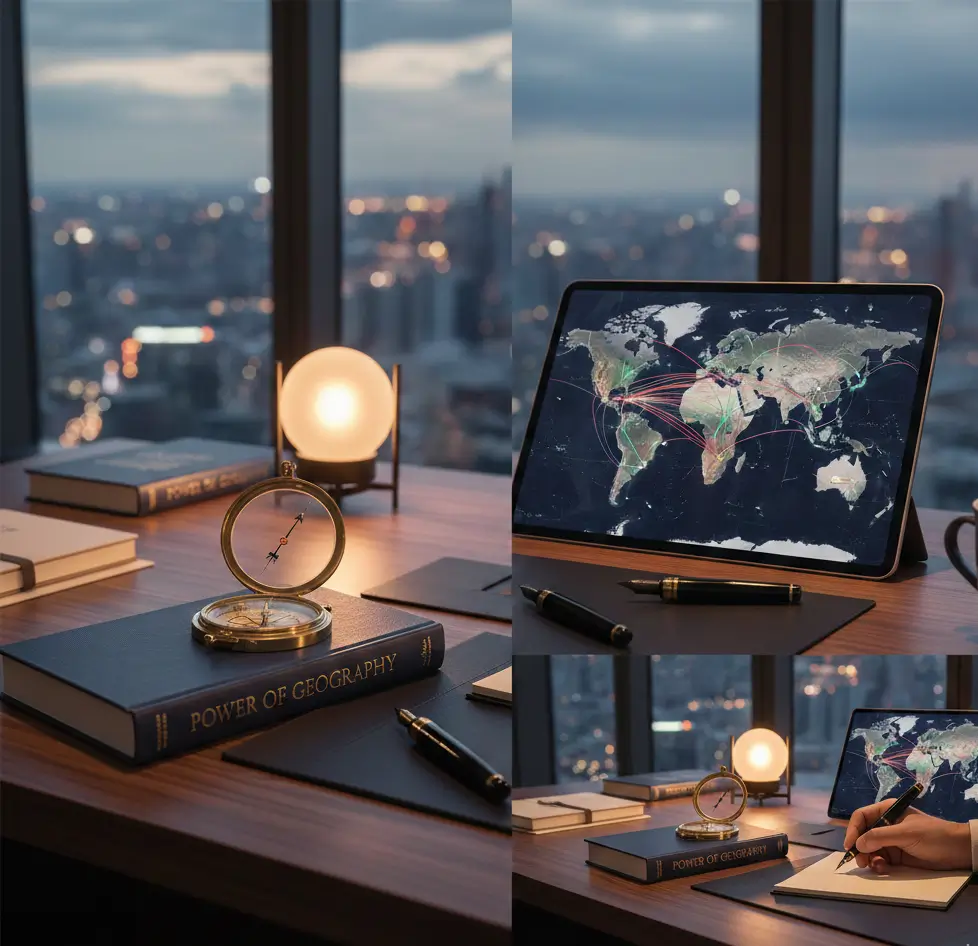 Ein hochwertiges Hardcover-Buch über Geopolitik auf einem dunklen Echtholz-Schreibtisch neben einem Kompass und einem Tablet mit Handelsrouten. Ideal für Leser, die ein Bestseller Wirtschaft Buch kaufen und globale Zusammenhänge verstehen wollen.