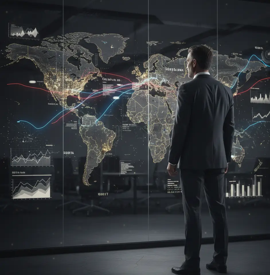 Ein Geschäftsmann analysiert eine digitale Weltkarte mit geopolitischen Datenübersichten. Symbolbild für strategische Planung und die Entscheidung, einen fundierten Ratgeber kaufen zu gehen, um wirtschaftliche Risiken besser einzuschätzen.