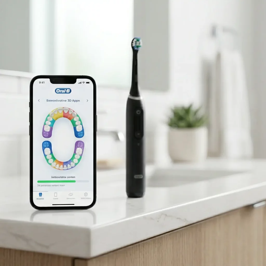 Oral-B App auf einem Smartphone zeigt KI-gestützte Analyse der Putzzonen für eine verbesserte Zahnpflege in Echtzeit.